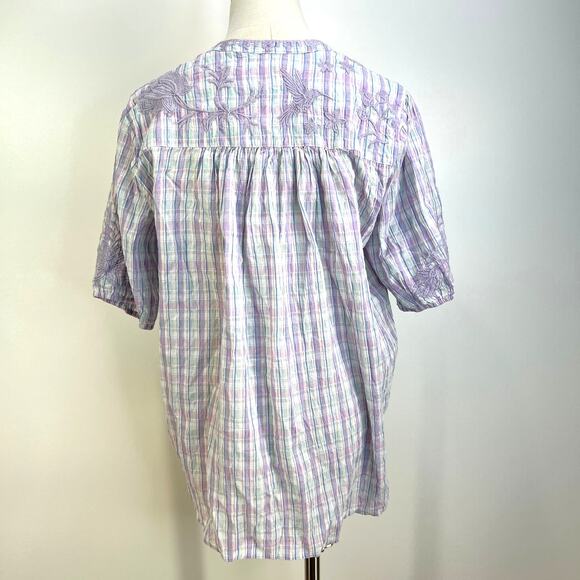 Johnny Was Malo Embroiderd Tunic Plaid Cotton Top Lilac Floral - Picture 9 of 9